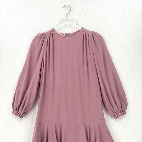 ANNA MASON Dress Womens US 4 Mauve Rose Silk Long Sleeve Dropped Waist Ruffle - Picture 4 of 16